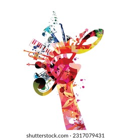 Colorful hand holding G-clef with musical instruments vector illustration. Playful background for live concert events, music festivals and talent shows. Party flyer with treble clef