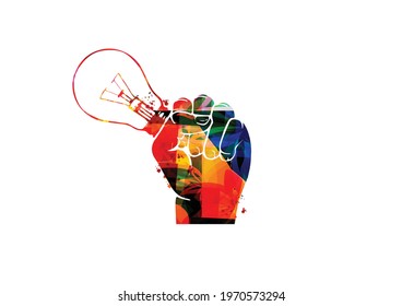 Colorful hand holding light bulb isolated for brainstorming, idea and inspiration, education and learning concept. Creative solution and innovative concept vector illustration