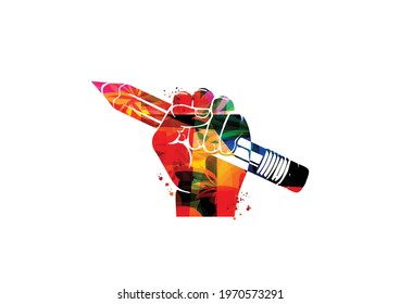 Colorful Hand Holding Pencil Isolated For Creative Writing, Idea And Inspiration, Education And Learning Concept. Blogging And Copywriting Vector Illustration