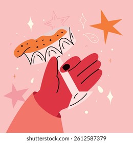 Colorful hand holding a sweet dessert with festive sparkles – whimsical food illustration in modern flat style, perfect for holiday or celebration concepts.