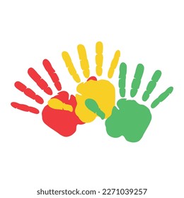 Colorful hand icons as petals of flower: happy community concept. This vector graphic illustration represents people team standing united, community unity, people helping, universal brotherhood.