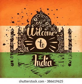 Colorful hand lettering is a poster on the theme of travel and adventure abroad. Familiarity with the culture of India. Vector illustration