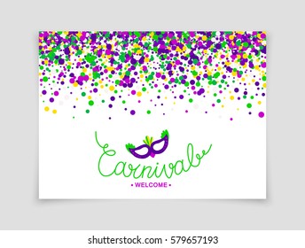 Colorful hand lettering Welcome Carnival with masquerade mask isolated on white background. Vector poster. 