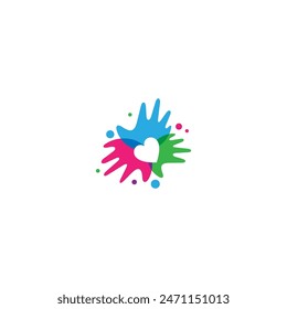 colorful hand logo with heart love symbol icon in flat vector design style