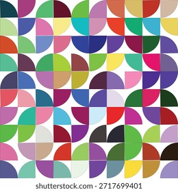 colorful hand made vector geometric pattern with circles and squares in various colors on white background