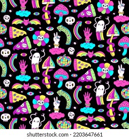 Colorful Hand Mushrooms, Dance Ghist, Pumpkin Disco Ball Seamless Pattern. Groovy Hippie Halloween. Retro 60s, 70s Style Dark Background. Psychedelic Textile, Fabric And Wrapping Paper