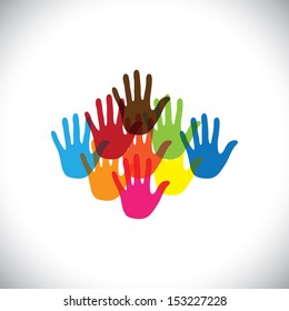 colorful hand ( palm ) icons ( signs ) or symbols of children together- vector graphic. This illustration concept of play-school with happy colorful kids and toddlers playing together & having fun