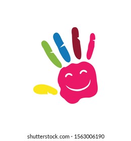 colorful hand palm print with happy face vector logo design template