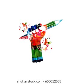 Colorful hand with pencil vector illustration. Creative writing, education background