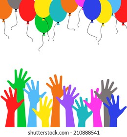 Colorful hand people with multicolored balloons, crowd - Holiday birthday vector background