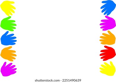 Colorful hand prints background.Frame for text