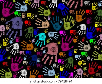 Colorful hand prints on black texture background, vector illustration