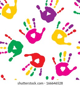 Colorful hand prints on a white background