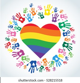 Colorful Hand prints and rainbow heart shape vector