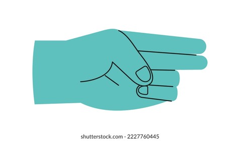 Colorful hand showing gesture. Sticker with palm indicating direction with two fingers. Right or sideways. Design element for website. Cartoon flat vector illustration isolated on white background
