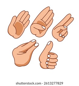 Colorful hand sign vector illustration in flat design. Various hand gestures representing communication and expression. Isolated on white background, perfect for apps, infographics, and educational.