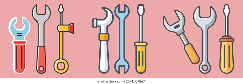 Colorful hand tool icon set, A collection of colorful hand tool icons, including wrenches, screwdrivers, and hammers, perfect for construction, repair, and DIY projects. 
