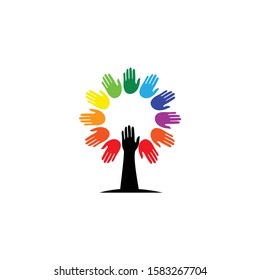 colorful hand trees celebrate diversity. vector illustration