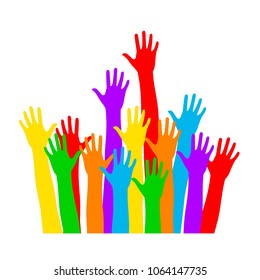 Colorful Hand Up Vector. Multi color hands raised up waiting for help