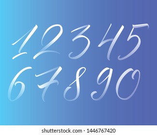 Colorful hand written calligraphy numbers. Vector numerals 1-10 with gradient on blue background