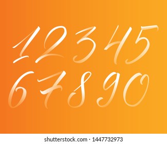 Colorful hand written calligraphy numbers. Vector numerals 1-10 with gradient on orange background