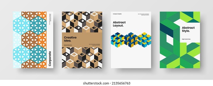 Colorful handbill design vector template composition. Creative mosaic hexagons leaflet layout set.