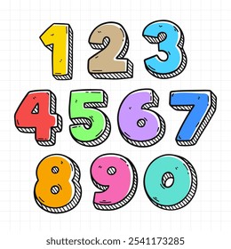 Colorful hand-drawn 3D doodle-style numbers from 0-9, perfect for bookmarks, educational icons, or playful designs. Vector asset ideal for children’s materials and creative projects