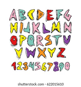 Colorful hand-drawn alphabet with letters and numbers of different colors.Vector illustration
