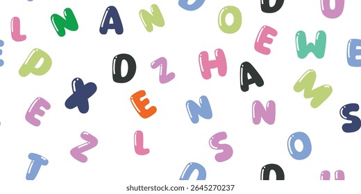 Colorful hand-drawn alphabet letters in playful random arrangement. Fun and creative seamless pattern perfect for kids' products, learning materials, and educational designs. Modern vector style.