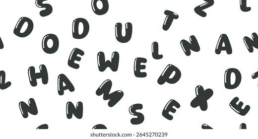 Colorful hand-drawn alphabet letters in playful random arrangement. Fun and creative seamless pattern perfect for kids' products, learning materials, and educational designs. Modern vector style.