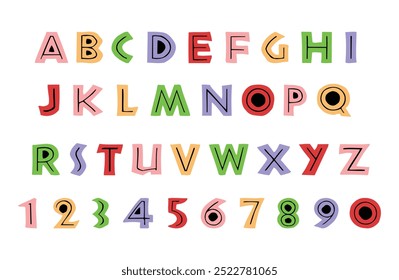 Colorful hand-drawn alphabet and numbers in playful, blocky style with various bright shades