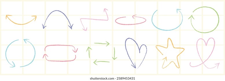 Colorful hand-drawn arrows and shapes on a grid. Arrows and shapes include circles, hearts, and stars. Vibrant arrows and shapes for creative designs. Doodle element vector set.