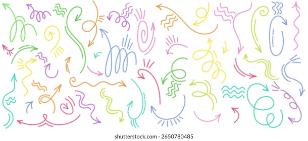 Colorful hand-drawn arrows and squiggles for scrapbooking, journaling, planner decoration, isolated vector

