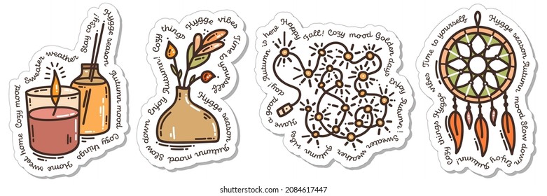 Colorful hand-drawn autumn hygge sticker set with oak leaves, acorns, maple leaf, and a bunch of rowan in doodle style isolated on white background. Cute vector for seasonal decoration.
