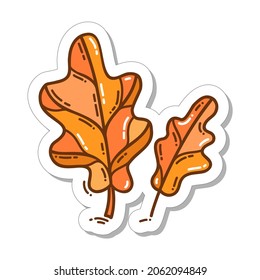 Colorful hand-drawn autumn mood sticker with oak leaves in doodle style isolated on white background. Cute vector illustration for seasonal decoration.