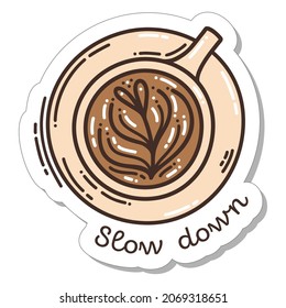 Colorful hand-drawn autumn mood sticker with a cup of coffee in doodle style isolated on white background. Cute vector collection for seasonal decoration.
