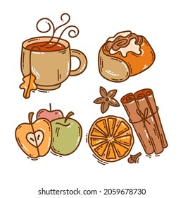 Colorful hand-drawn autumn mood vector icons set in doodle style. Cozy cute cartoon elements collection isolated on white background for seasonal decoration.