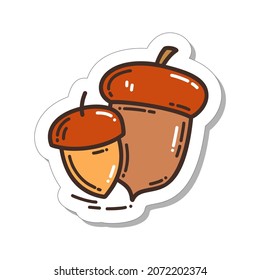 Colorful hand-drawn autumn sticker with acorns in doodle style isolated on white background. Cute vector for seasonal decoration.