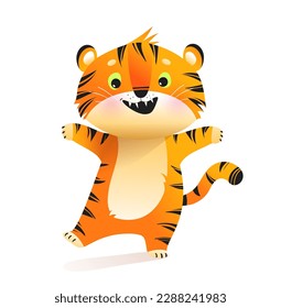 A colorful hand-drawn baby tiger, cute joyful character design for children. Tiger mascot illustration in vibrant colors, adorable cat for kids. Vector animal zoo clipart.