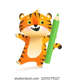 A colorful hand-drawn baby tiger with pencil, cute joyful character drawing, design for children. Tiger mascot illustration in vibrant colors, adorable cat for kids. Vector animal education clipart.