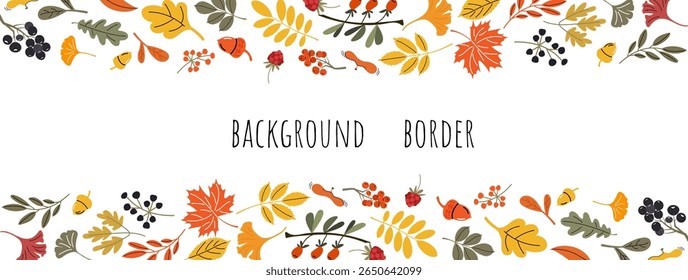 Colorful hand-drawn background of autumn leaves, berries, nuts, and branches–perfect for cozy seasonal projects. Ideal for scrapbooking, greeting cards, stickers, packaging, digital planners,wallpaper