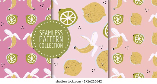 Colorful hand-drawn bananas and lemons seamless pattern collection. Contemporary bright summer backgrounds with trendy colors. Vector design for paper, fabric, interior decor and cover