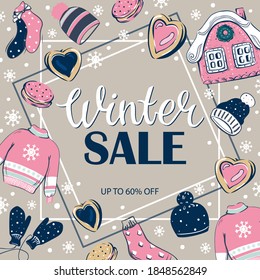 Colorful hand-drawn banner winter sale. Vector background. Objects are isolated.