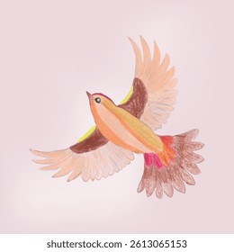 Colorful Hand-Drawn Bird Illustration in Soaring Motion on Light Background