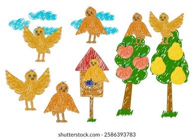 Colorful hand-drawn birds perched on trees, flying, and resting near a birdhouse, with fruit trees and clouds in the background. A set of birds.