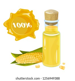 Colorful hand-drawn bottle of corn oil. Insulated cute bottles with healthy vegetable oil and corn. Sketch cartoon illustrations for restaurant, organic shop. Glass bottle with cork.