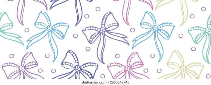 Colorful hand-drawn bows and dots seamless pattern on white background. Ideal for fabric, gift wrap, and party  designs. Playful and festive ribbon art in multicolor sketch style.