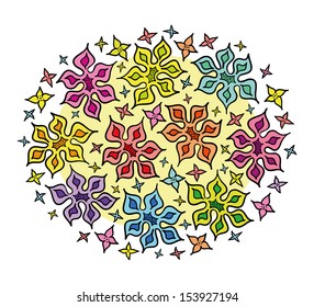 Colorful Hand-Drawn Bunch of Cartoon Flowers, vector