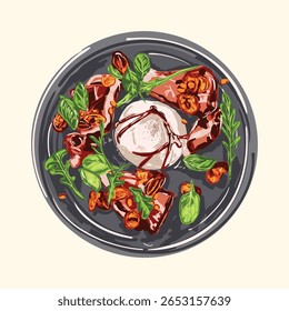 Salada burrata colorida desenhada à mão com presunto, rúcula, ervas e tomates. Perfeito para menus gourmet, blogs gastronômicos, restaurantes italianos, livros de receitas e elegantes designs culinários.