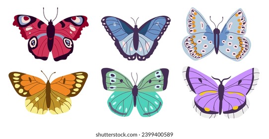 Colorful hand-drawn butterflies set. Decorative flying insects with colorful wings. Vector illustration.